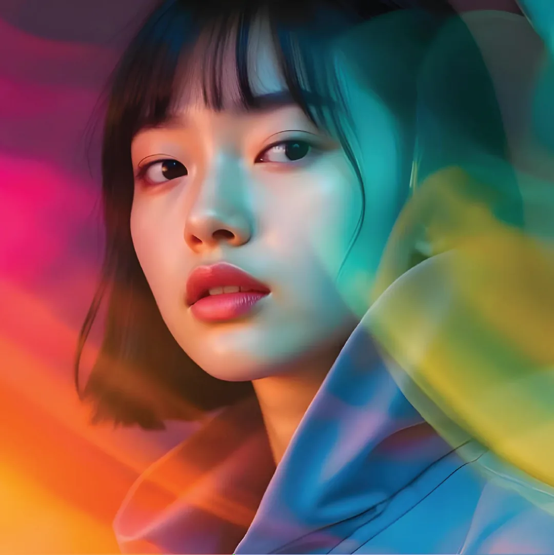 A portrait of a woman washed in saturated rainbow light
