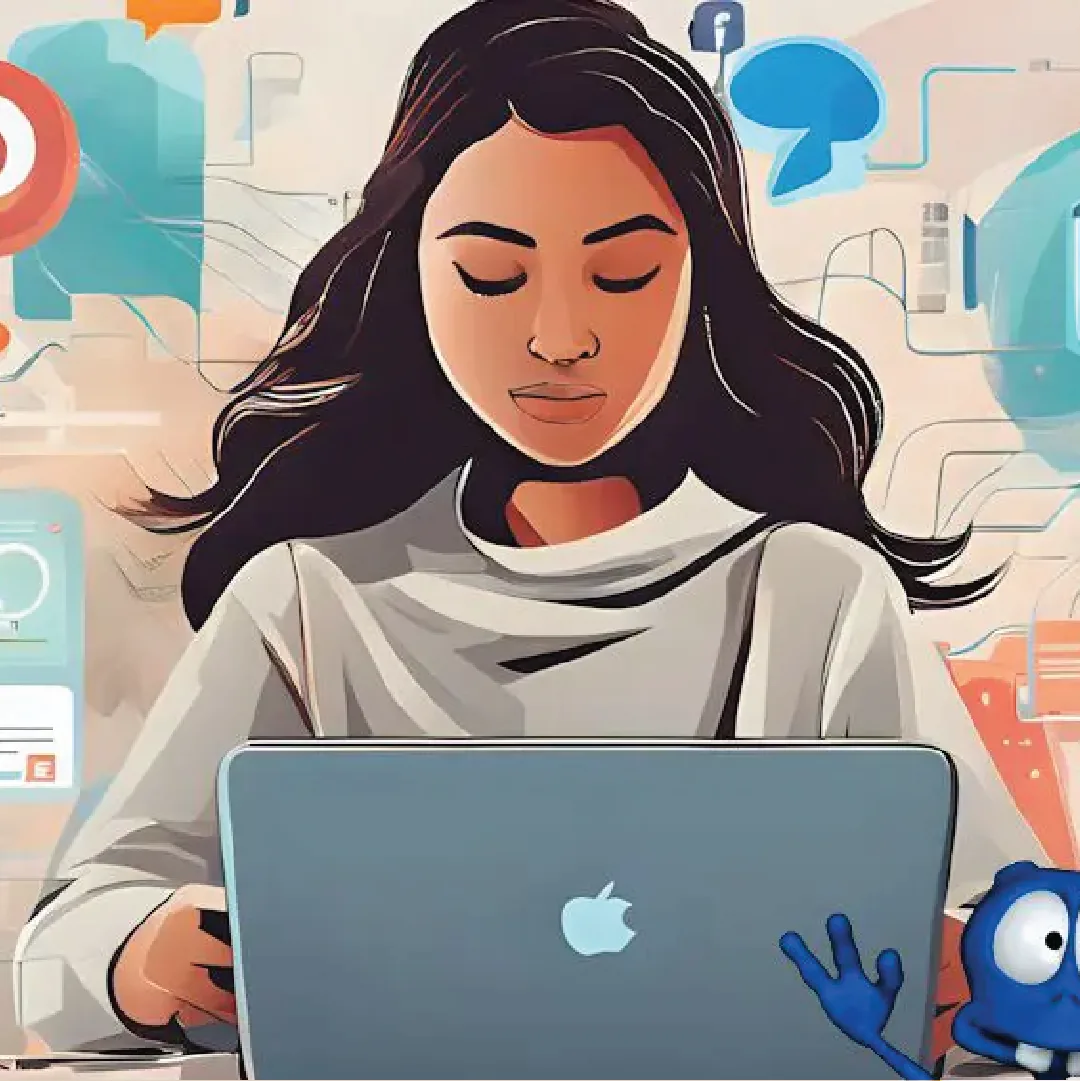 An illustration of a woman working on a laptop surrounded by social media icons